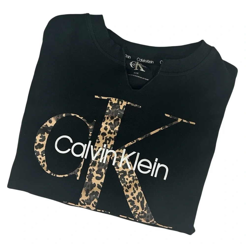 Calvin Klein Crew Neck Sweater. Black & Leopard, women’s size medium - Picture 1 of 4